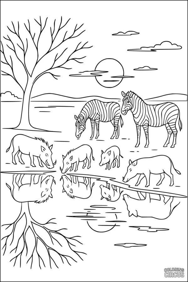 Coloring page with warthogs and zebras at a waterhole on an African savanna, featuring a tree, sunrise, and reflections in the water.