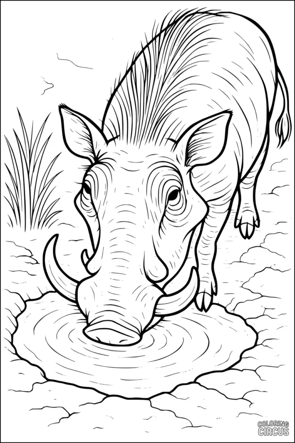 Coloring page warthog drinking at savanna watering hole with cracked mud and grass