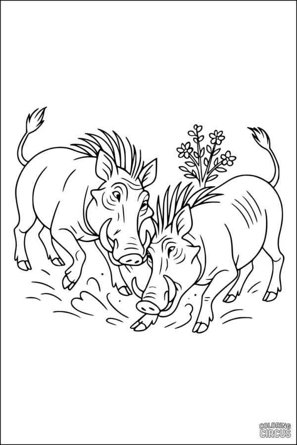 Coloring page with two playful warthogs by a muddy puddle and blooming wildflowers