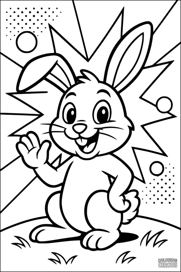 Coloring page featuring a smiling cartoon rabbit waving with a pop art background