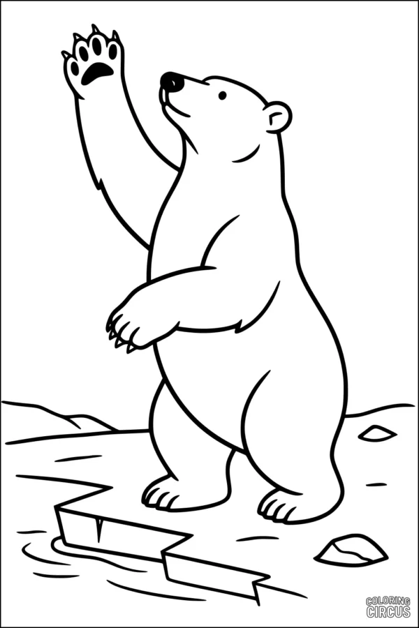 Coloring page showing a cartoon polar bear waving beside an iceberg