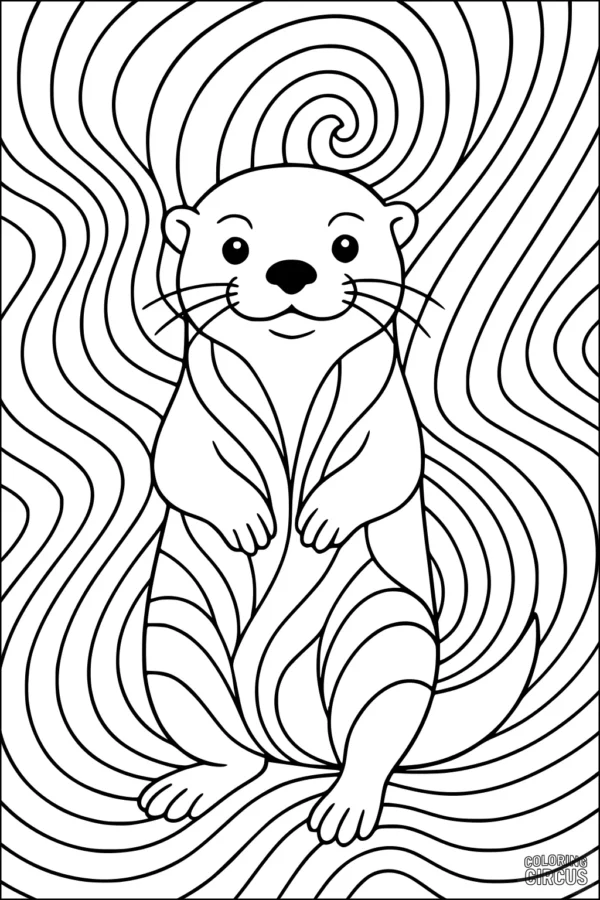 Coloring page featuring a smiling otter floating in swirling water patterns