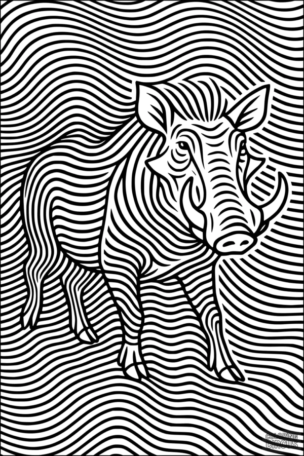 Coloring page featuring a warthog with intricate wavy patterns in the background and body