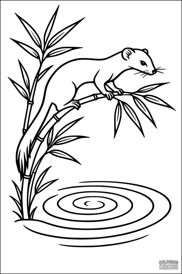Coloring page of a weasel perched on bamboo over a pond