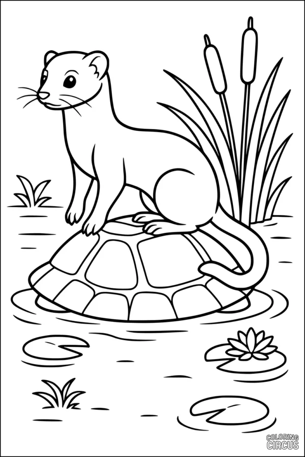 Coloring page showing a weasel standing on a turtle in a pond with cattails and lily pads