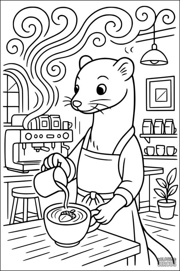 Coloring page of a cartoon weasel making latte art in a cozy café
