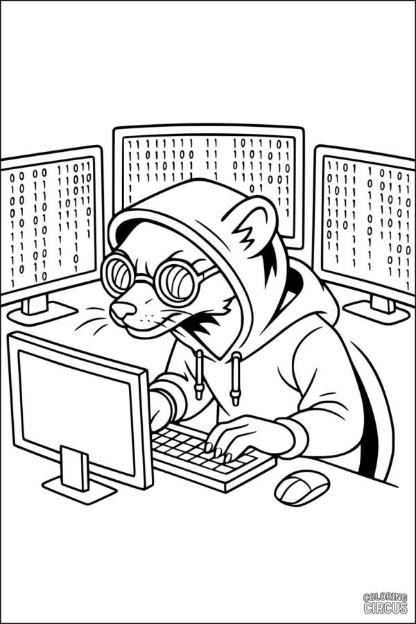 Coloring page featuring a cartoon weasel wearing a hoodie and glasses using a computer, surrounded by binary code screens
