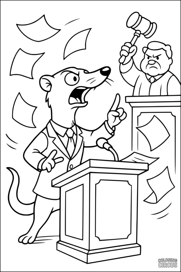 Coloring page featuring a cartoon weasel in a suit speaking at a podium in a courtroom with a judge and flying papers