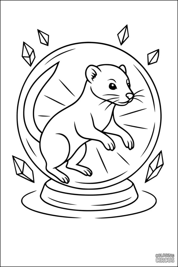 Coloring page of a cute weasel standing in a crystal globe with floating gems around it