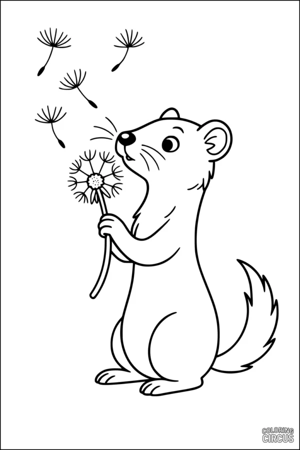 Coloring page of a cartoon weasel holding a dandelion with seeds floating in the air