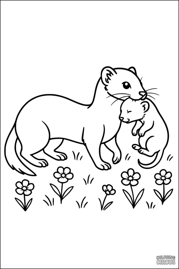 Coloring page weasel mother carrying baby surrounded by flowers and grass