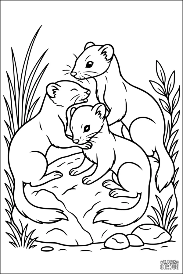 Coloring page showing three weasels cuddling on a rock with grass and leaves