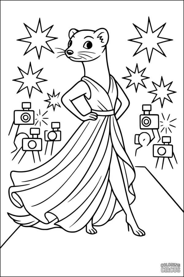 Coloring page of a weasel in an elegant gown posing on a runway with sparkling flashes and cameras in the background
