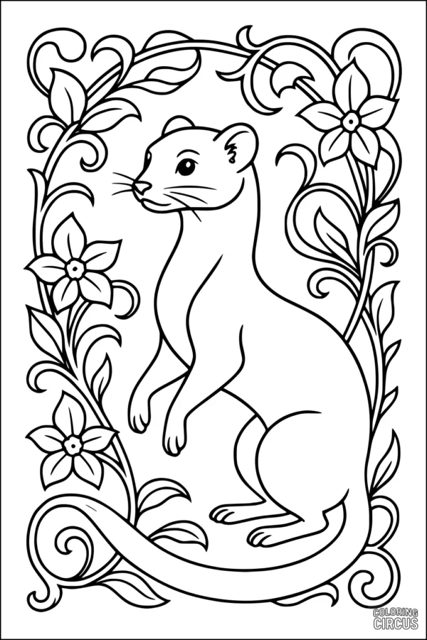 Coloring page featuring a weasel surrounded by ornate flowers and leafy vines, perfect for kids