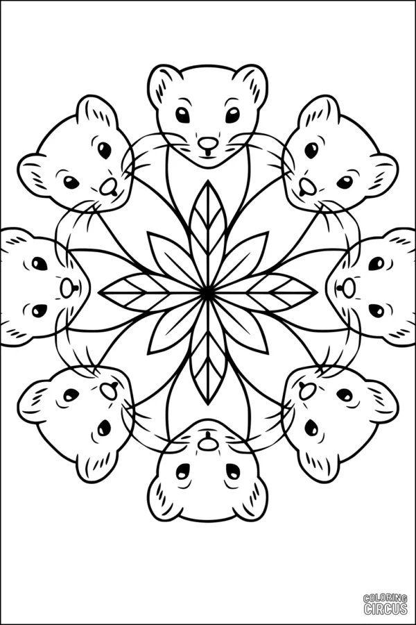 Coloring page featuring six cute weasel faces in a circular mandala with a central flower