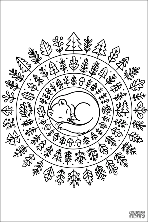 Coloring page showing a sleeping weasel surrounded by a circular mandala of forest leaves, trees, and mushrooms