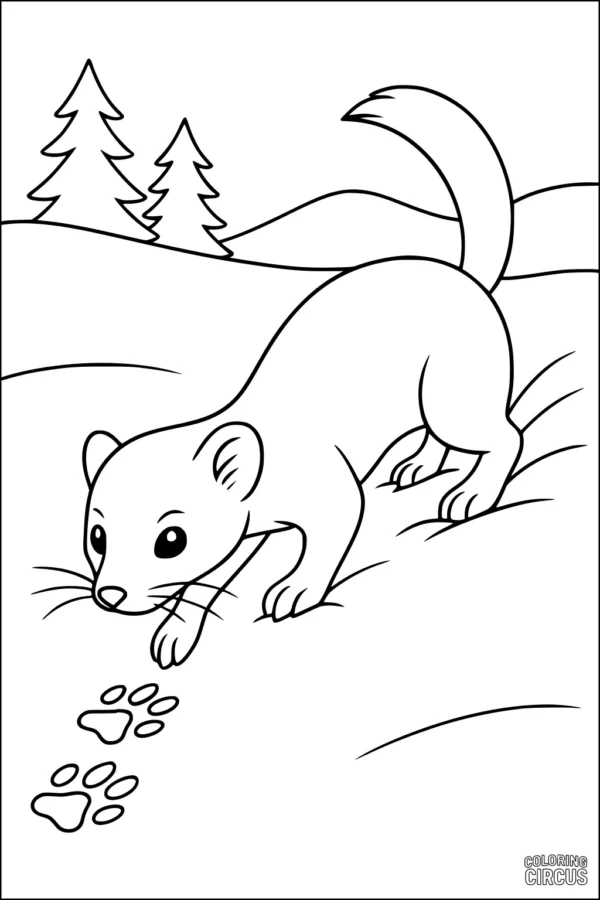 Coloring page of a cute weasel following tracks in a forest setting with pine trees and hills