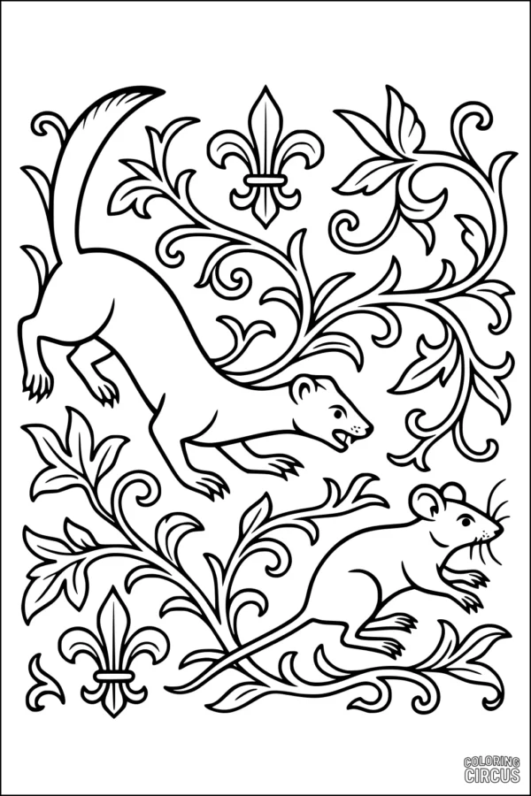 Coloring page showing a weasel and a mouse surrounded by decorative swirls, leaves, and fleur-de-lis in a garden theme