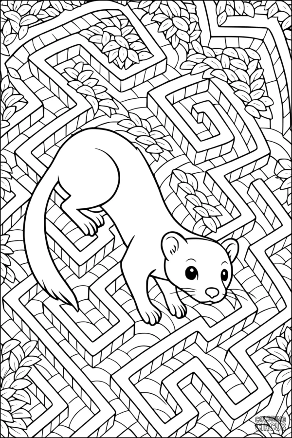 Coloring page featuring a cute weasel exploring a leafy garden maze