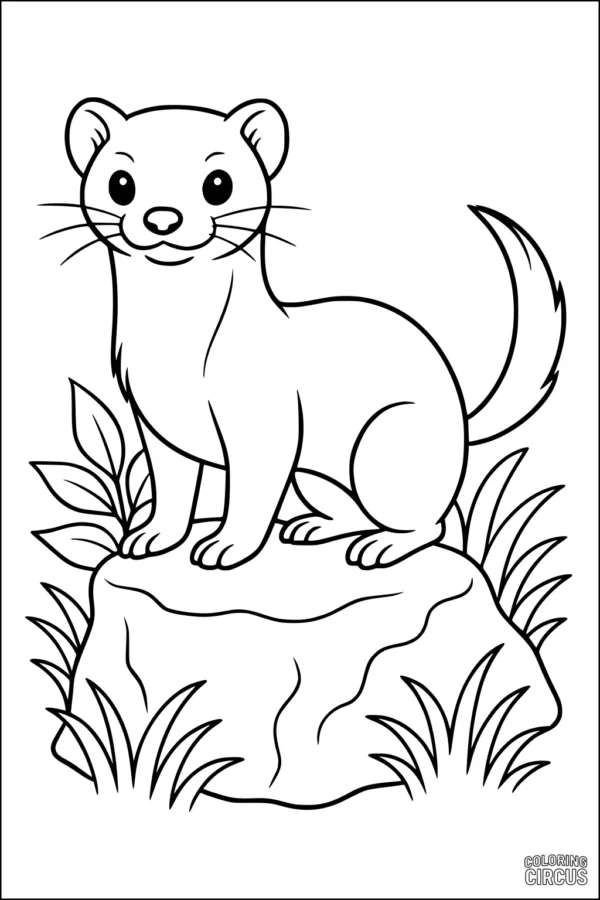 Coloring page of a cute weasel standing on a large rock surrounded by plants