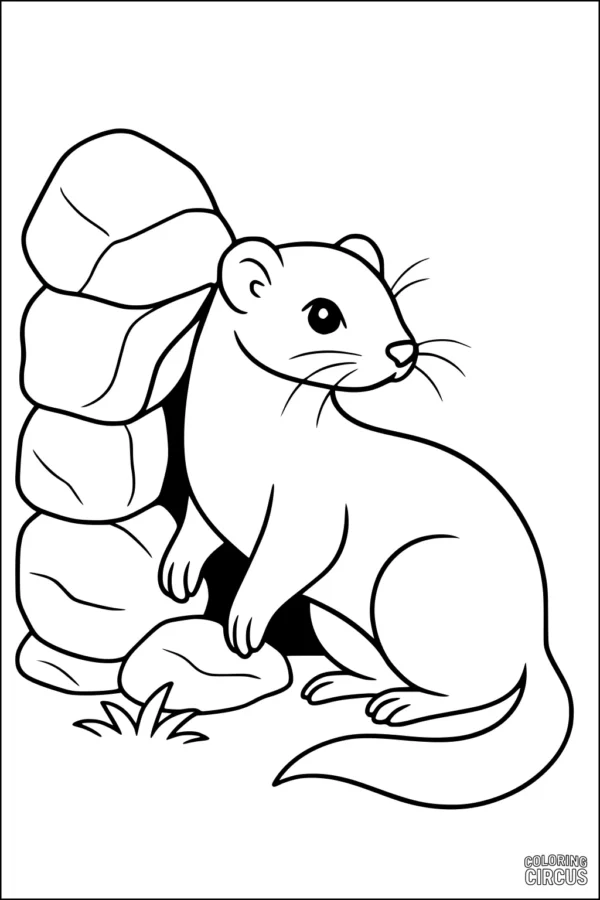 Coloring page featuring a cute weasel sitting by stacked rocks and grass