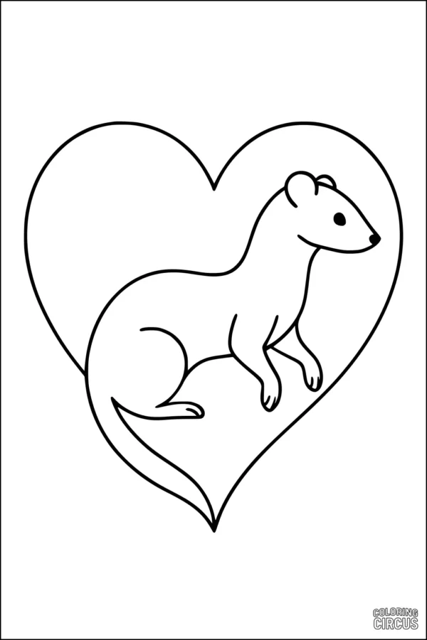 Coloring page showing a cute weasel inside a large heart outline, simple design for kids