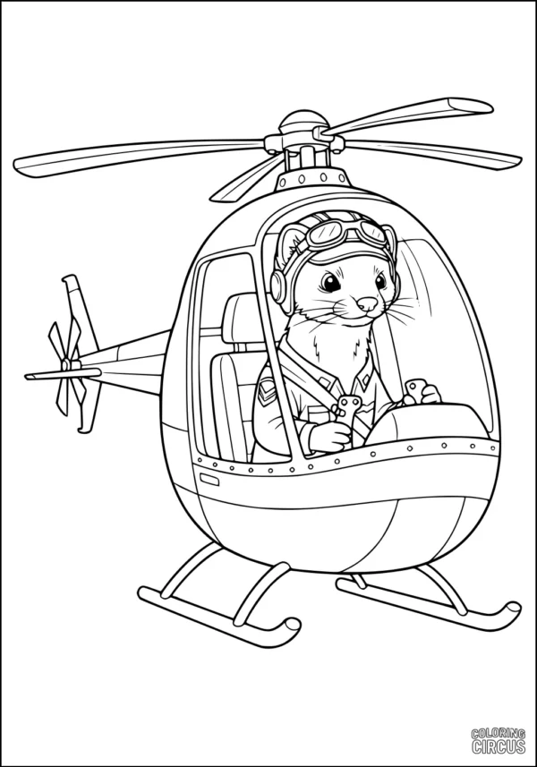 Coloring page of a cartoon weasel piloting a helicopter, wearing aviator goggles and a jacket
