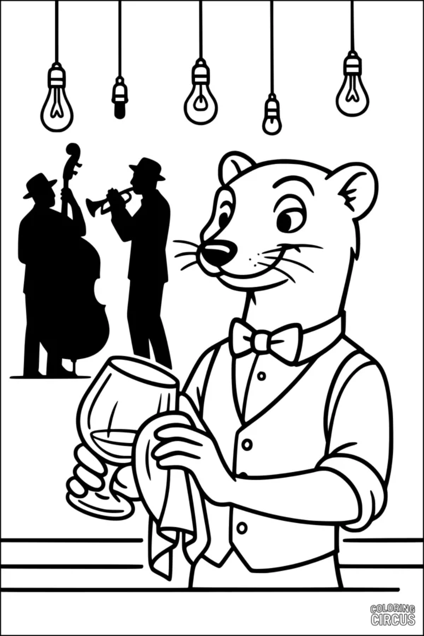 Coloring page featuring a friendly cartoon weasel behind a counter, jazz band silhouettes, and hanging light bulbs