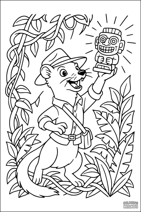Coloring page showing a cartoon weasel explorer holding a jungle statue, surrounded by jungle plants and leaves
