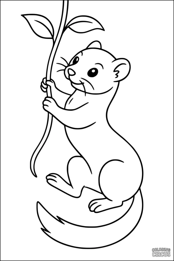 Coloring page featuring a cute weasel climbing a vine with leaves, perfect for children.