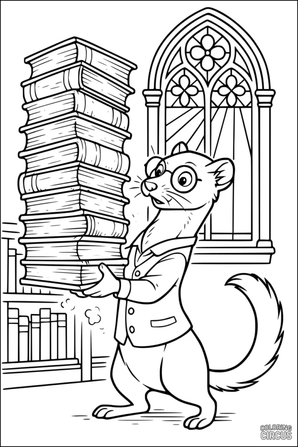 Coloring page featuring a cartoon weasel in glasses holding a tall stack of books inside a library with arched windows