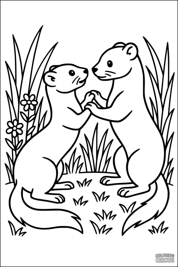 Coloring page of two friendly weasels holding paws in a grassy meadow with flowers and tall grass