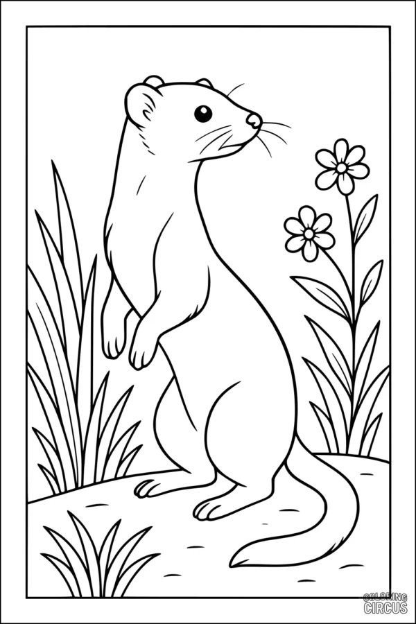 Coloring page featuring a standing weasel surrounded by grass and flowers