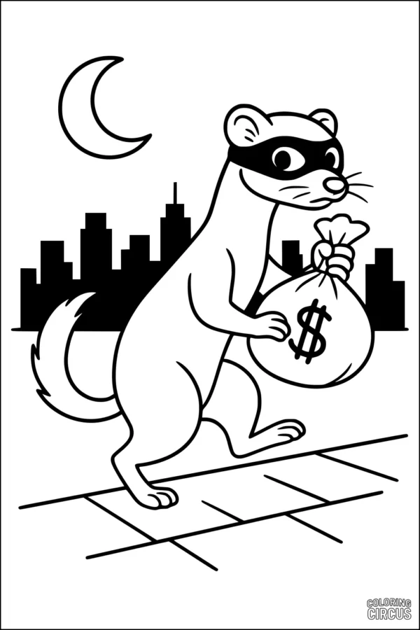 Coloring page featuring a cartoon weasel with a mask holding a bag in a nighttime cityscape