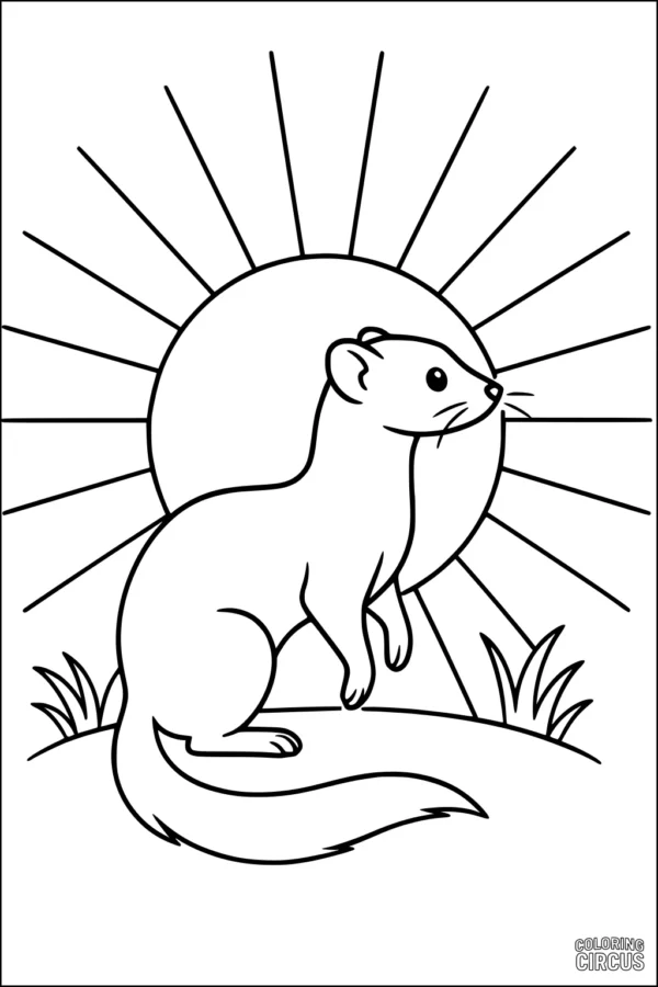 Coloring page of a smiling weasel standing in grass with the sun rising in the background