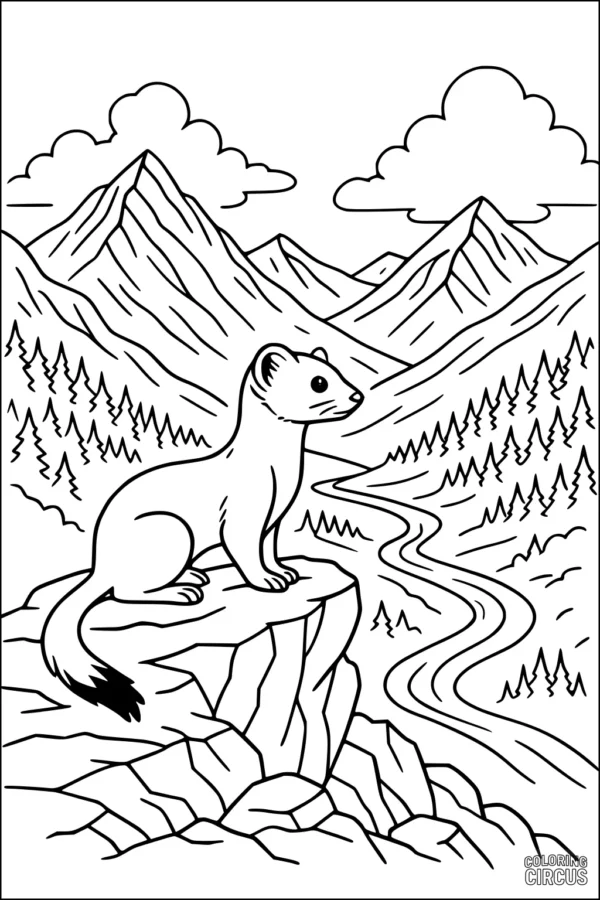 Coloring page of a weasel sitting on a rocky cliff overlooking a mountain valley with pine trees and a winding river.