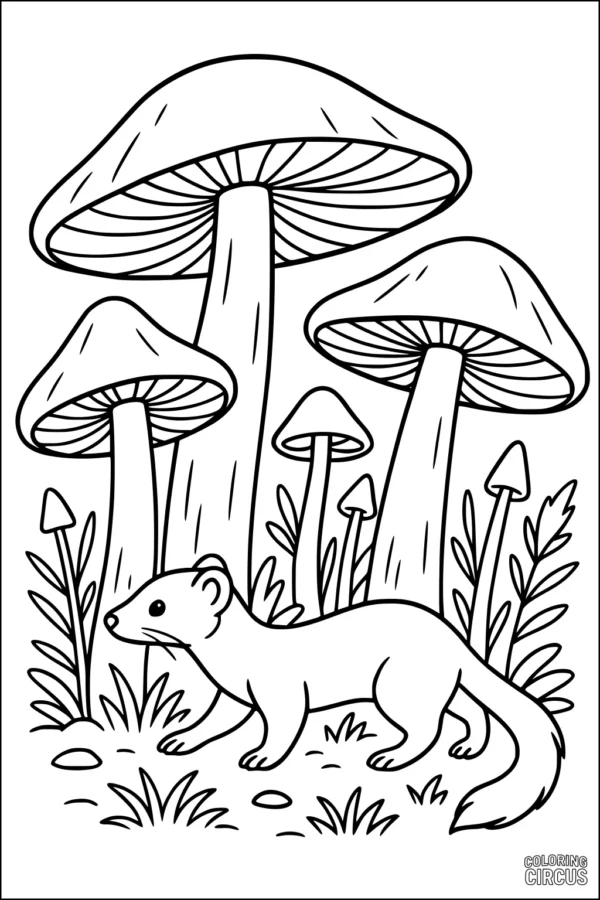 Coloring page of a weasel standing in a forest with large mushrooms and plants