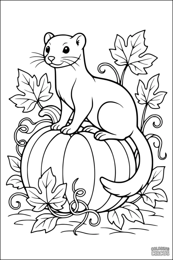 Coloring page of a friendly weasel sitting on a pumpkin with surrounding leaves and vines