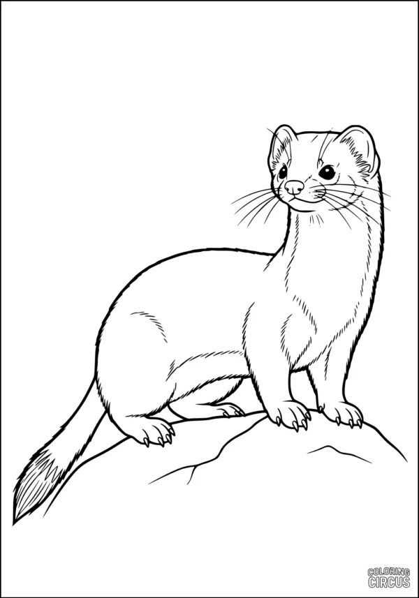 Coloring page of a weasel standing on a rock, perfect for kids learning about animals