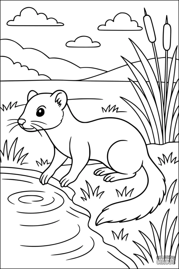 Coloring page showing a weasel near a pond with reeds, mountains, and clouds in the background