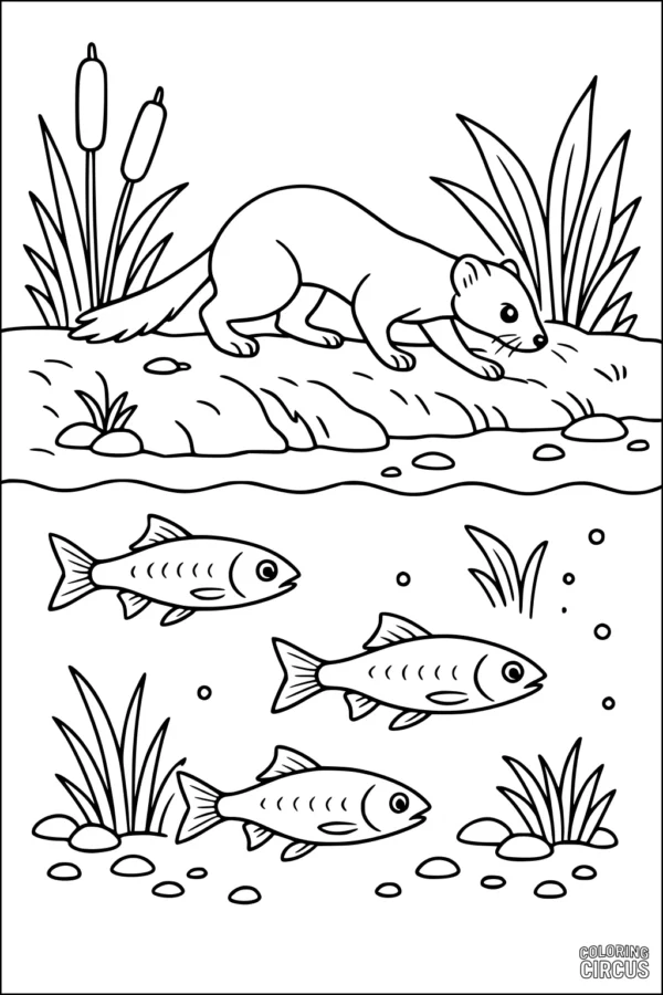 Coloring page with a weasel on a riverbank above three fish swimming underwater with plants and rocks