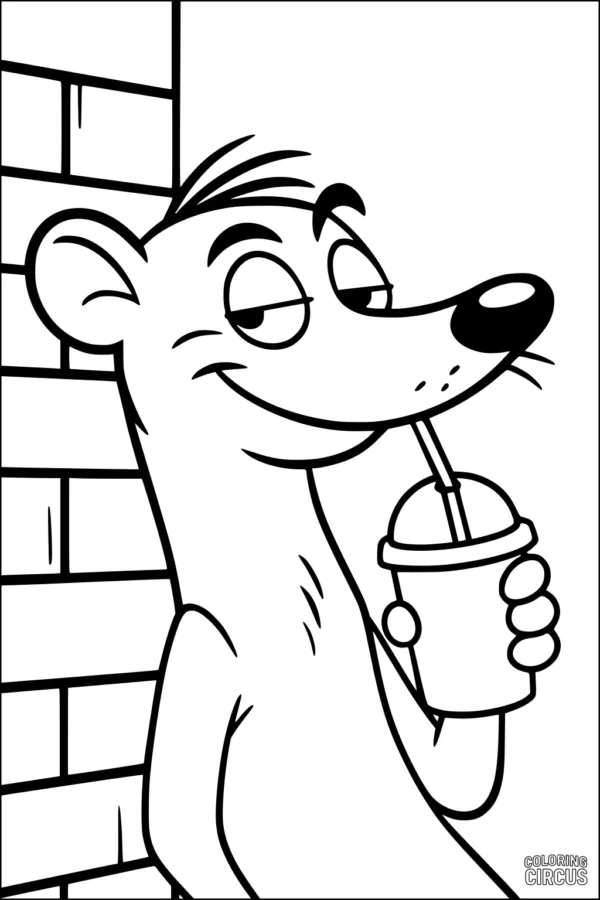 Coloring page featuring a cheerful cartoon weasel leaning against a brick wall and sipping a slushy drink