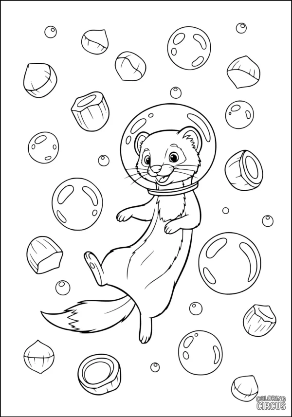 Coloring page featuring a cartoon weasel in a space helmet floating with nuts and bubbles