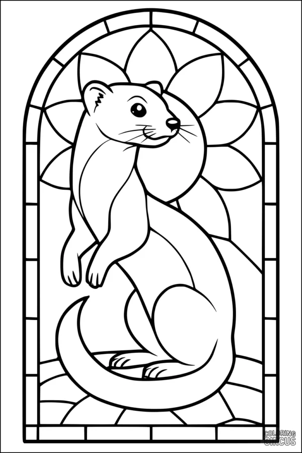 Coloring page of a weasel framed by a large sunflower-like background and arched window