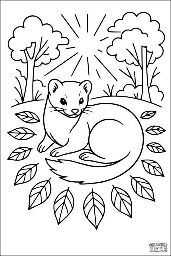 Coloring page of a cute weasel resting in a meadow with trees, leaves, and sunshine for kids