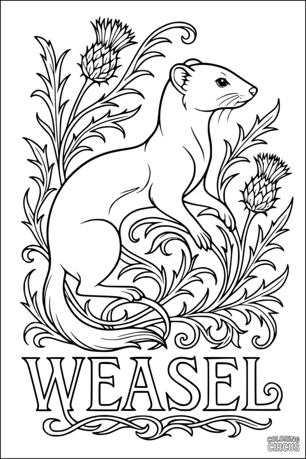 Coloring page of a weasel sitting among blooming thistles with decorative foliage
