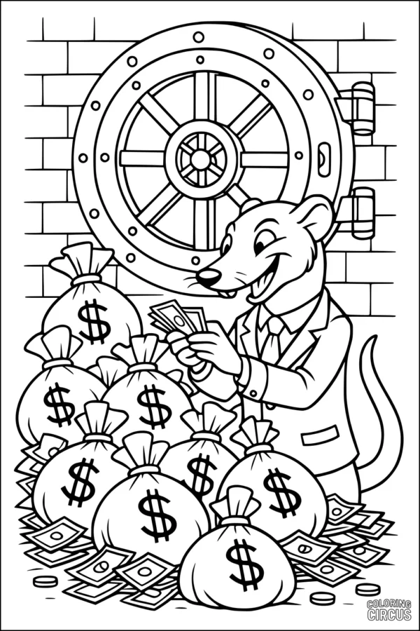Coloring page of a cartoon weasel in a suit inside a bank vault, surrounded by money bags and coins