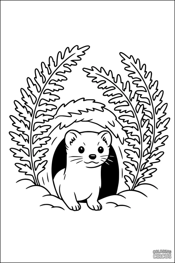 Coloring page of a cute weasel peeking from its burrow under large fern leaves