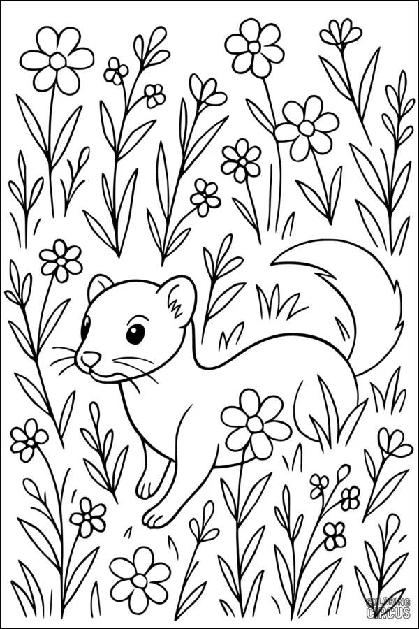 Coloring page featuring a cute weasel surrounded by wildflowers and tall grass