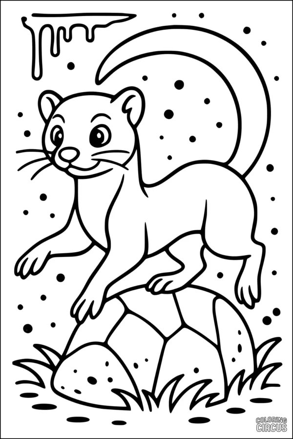 Coloring page of a cartoon weasel playfully standing on a rock in a snowy scene